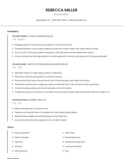 Rig Mechanic Resume