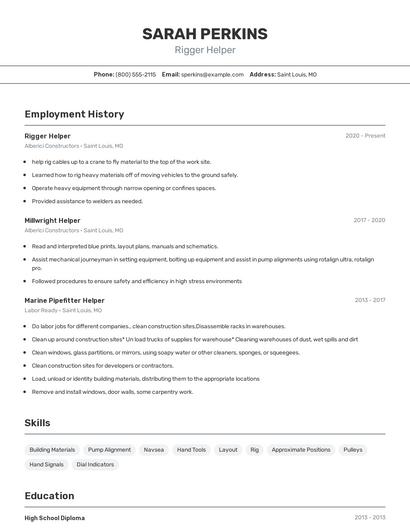 Rigger Helper Resume
