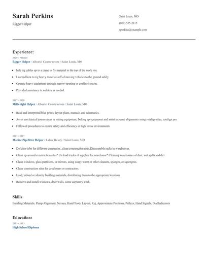 Rigger Helper Resume