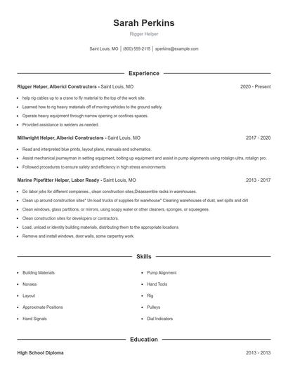 Rigger Helper Resume