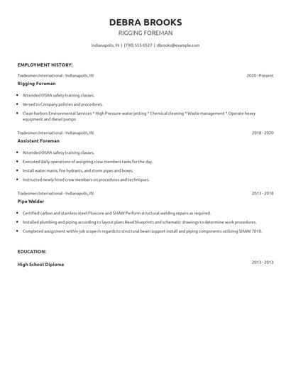 Rigging Foreman Resume