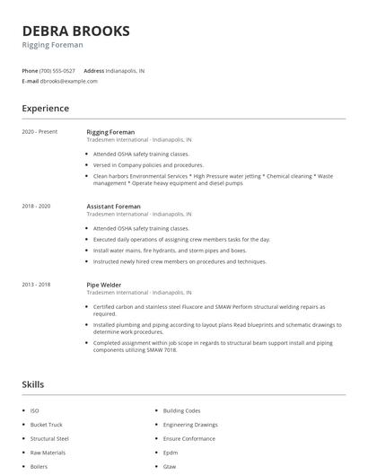 Rigging Foreman Resume