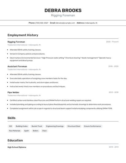 Rigging Foreman Resume