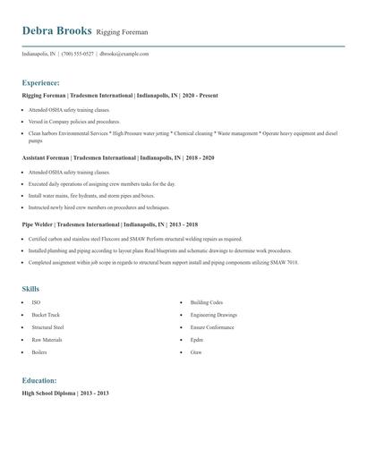 Rigging Foreman Resume
