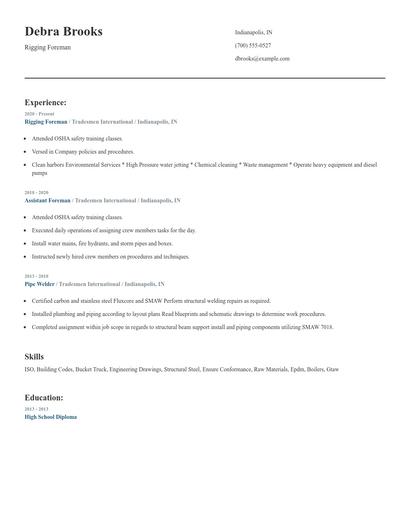 Rigging Foreman Resume