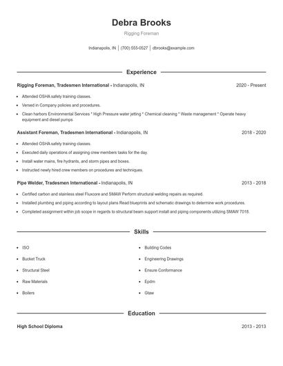 Rigging Foreman Resume
