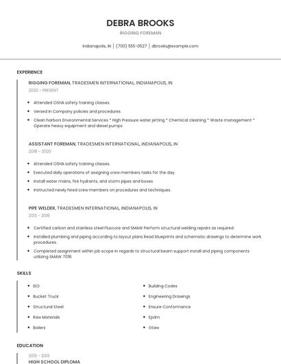 Rigging Foreman Resume