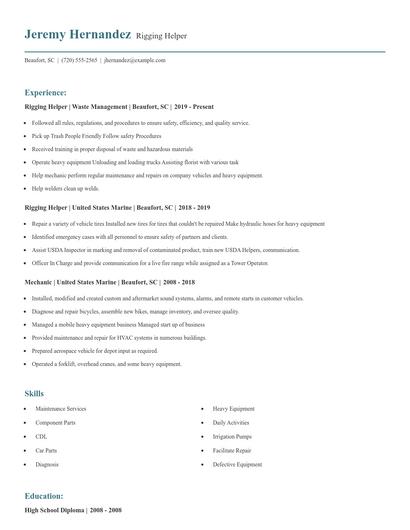 Rigging Helper Resume