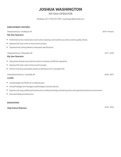 Rip Saw Operator Resume