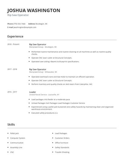Rip Saw Operator Resume