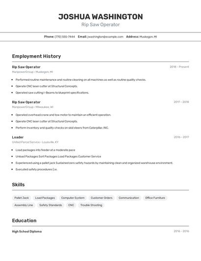 Rip Saw Operator Resume