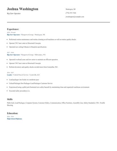 Rip Saw Operator Resume