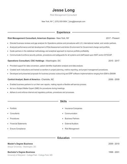 Risk Management Consultant Resume