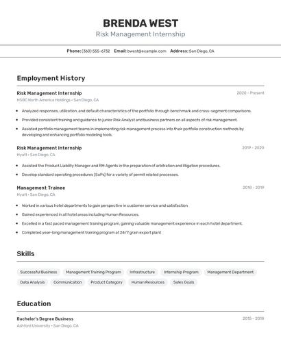 Risk Management Internship Resume