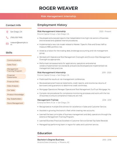 Risk Management Internship Resume