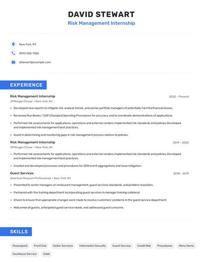 Risk Management Internship Resume