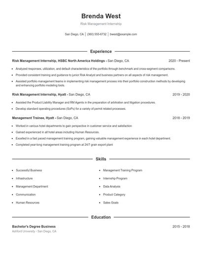 Risk Management Internship Resume