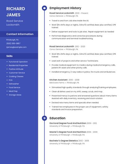 Road Service Locksmith Resume