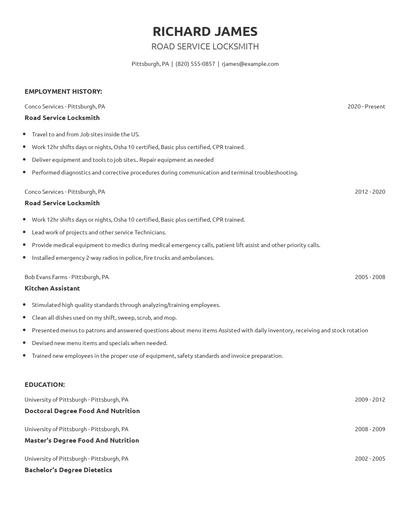 Road Service Locksmith Resume