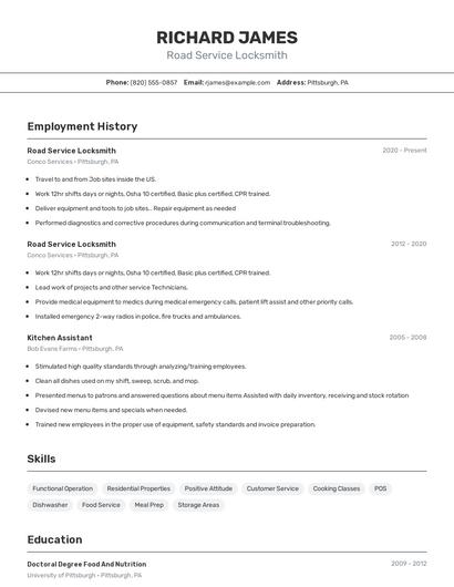 Road Service Locksmith Resume