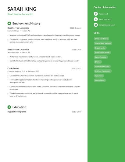 Road Service Locksmith Resume