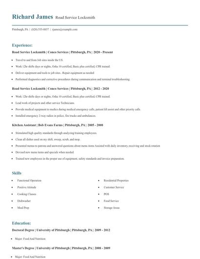 Road Service Locksmith Resume