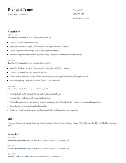Road Service Locksmith Resume
