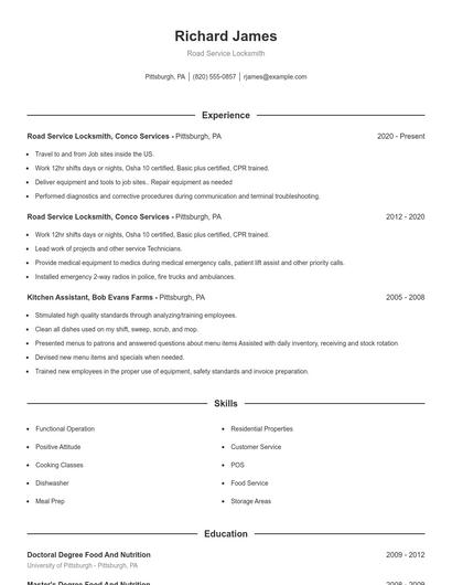 Road Service Locksmith Resume