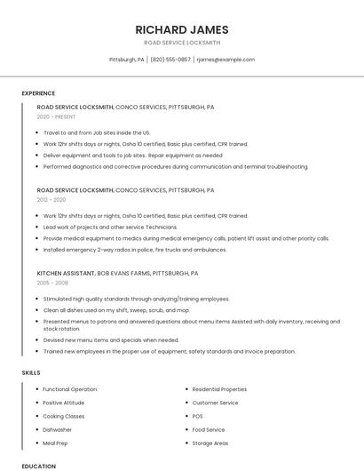 Road Service Locksmith Resume
