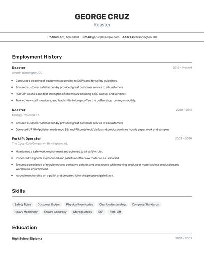 Roaster Resume