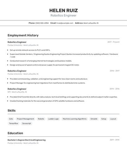 Robotics Engineer Resume