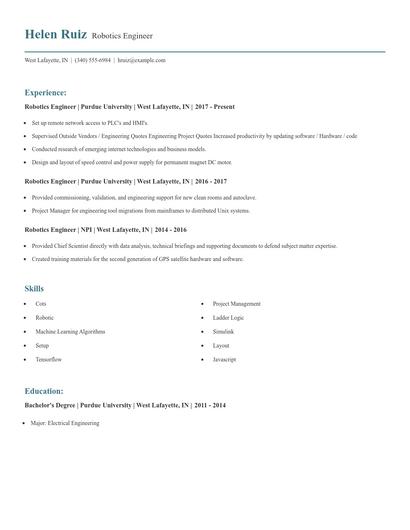 Robotics Engineer Resume