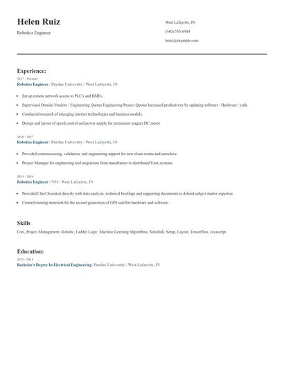 Robotics Engineer Resume