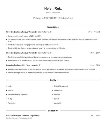 Robotics Engineer Resume