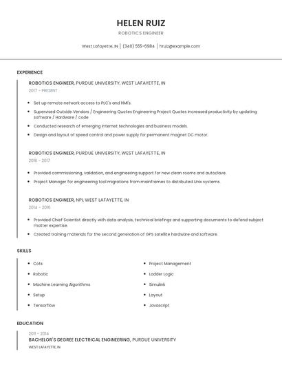 Robotics Engineer Resume