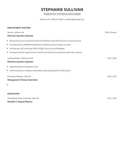 Robotics Systems Engineer Resume