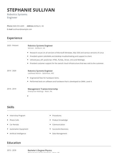 Robotics Systems Engineer Resume