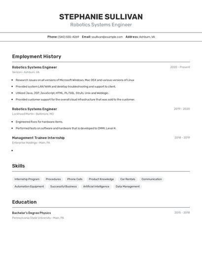 Robotics Systems Engineer Resume