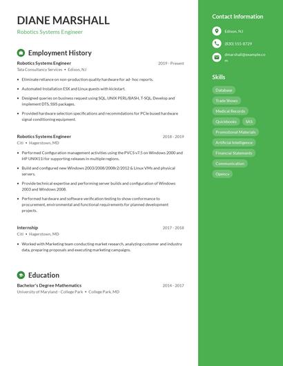 Robotics Systems Engineer Resume