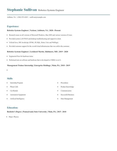Robotics Systems Engineer Resume