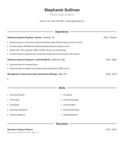 Robotics Systems Engineer Resume