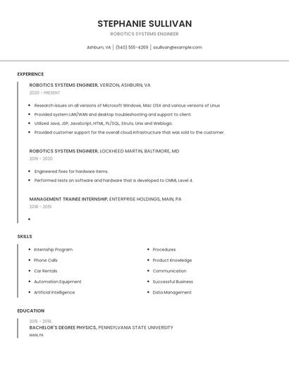 Robotics Systems Engineer Resume