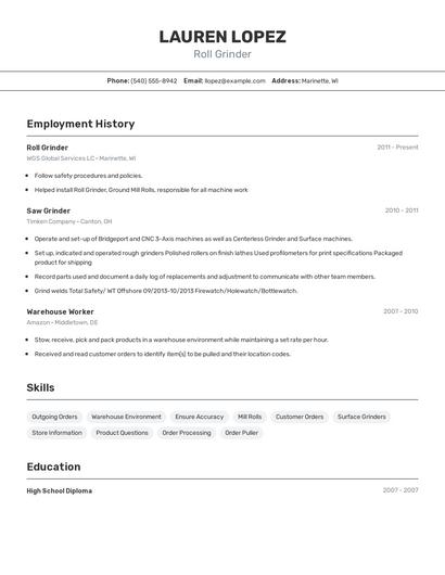Roll Grinder Resume