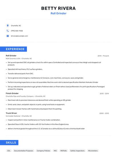 Roll Grinder Resume