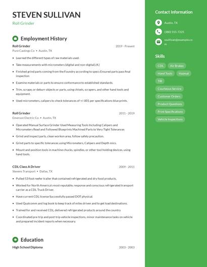 Roll Grinder Resume