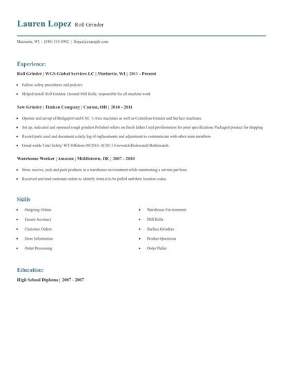 Roll Grinder Resume