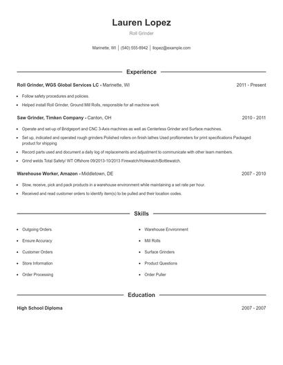 Roll Grinder Resume
