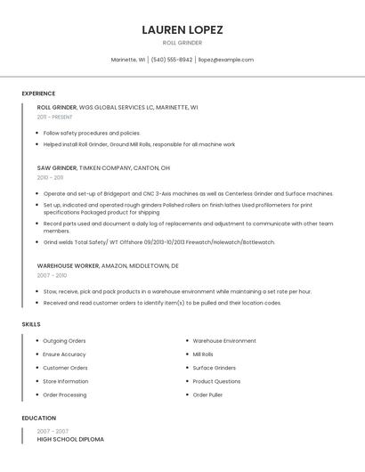 Roll Grinder Resume