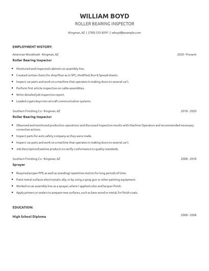 Roller Bearing Inspector Resume