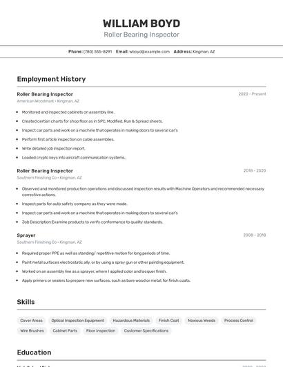 Roller Bearing Inspector Resume